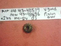 Mercury 39, 4, 4.5, 6, 7.5, 9.8, 10 HP pinion gear 43-98696 (image for) Mercury 39, 4, 4.5, 6, 7.5, 9.8, 10 HP pinion gear 43-98696
